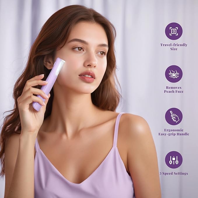 Sonic Dermaplaning Tool for Women Rechargeable Face Dermaplane Razor Sonic Edge Technology for Facial Hair Exfoliating and Peach Fuzz 10 Refill Blades Purple