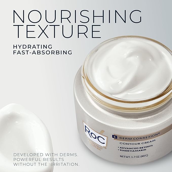 RoC Derm Correxion Neck Cream with Hyaluronic Acid + Advanced Retinol to visibly Tighten &amp Lift Horizontal Neck Lines Facial Moisturizer to Contour Face (1.7 oz) with RoC Retinol Eye Packette