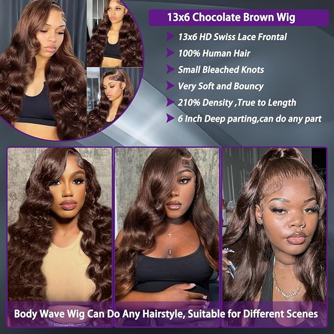 34 Inch Chocolate Brown Lace Front Wig Human Hair 220 Density 13x6 Hd Body Wave Lace Front Wigs Human Hair Pre Plucked Colored Frontal Wigs Human Hair Brown Wigs Human Hair Wigs for Women