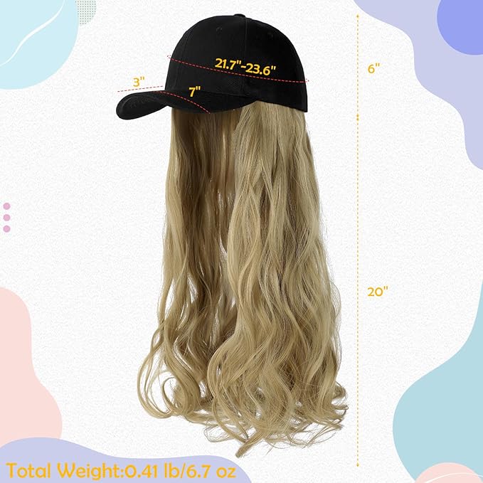 Baseball Hat WigHat with Hair attached 24'' Adjustable Black Cap with Long Wavy Synthetic Hair Extensions for Women Girls(Ash Blonde)