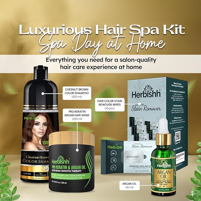 Herbishh Hair Color Shampoo for Gray Hair ? Natural Hair Dye Shampoo ? Lasts Up To 3-4 Weeks ? 500ML ? 3-In-1 Hair Color ? Colors Cleanses and Conditions (Chestnut Brown Giftset)