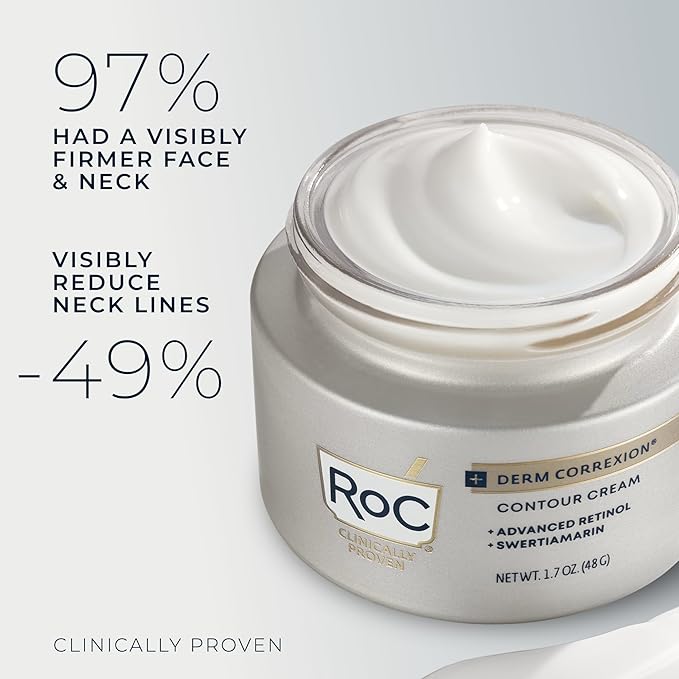 RoC Derm Correxion Neck Cream with Hyaluronic Acid + Advanced Retinol to visibly Tighten &amp Lift Horizontal Neck Lines Facial Moisturizer to Contour Face (1.7 oz) with RoC Retinol Eye Packette