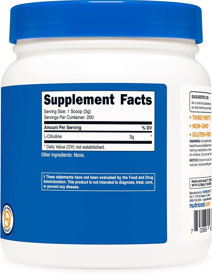 Nutricost Pure L-Citrulline (Base) Powder (600 Grams) (3 Bottles)