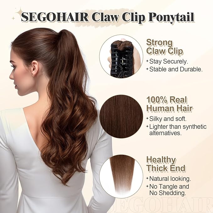 Human Hair Ponytail Extension with Claw Clip Natural Look Soft Ideal for Dates Weddings Parties Gifts - 22 inches 120g Medium Brown