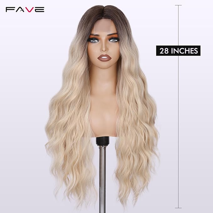 FAVE Long Blonde Wig Natural Ombre Blonde Wavy Wigs Middle Part Blond Wig with Natural Gradient Roots Daily Wigs for White Women