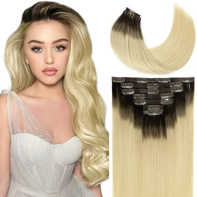 Loxxy Seamless Extensions Clip in Human Hair Double Ultra Thin PU Weft Remy Hair Extensions Clip in Human Hair Ombre Rooted Darkest Brown To Platinum Blonde Full Head R#2-60A 18Inch 110gram 7pcs
