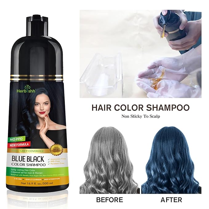 Herbishh Blue Black 3 In 1 Hair Dye Shampoo 16.9 Fl Oz &amp Argan Oil Mask 28.2 Fl Oz Combo - Champu Para Canas Mujer - Hair Dye Shampoo for Men &amp Women - Hair Mask For Moisturizer Dry Damaged H