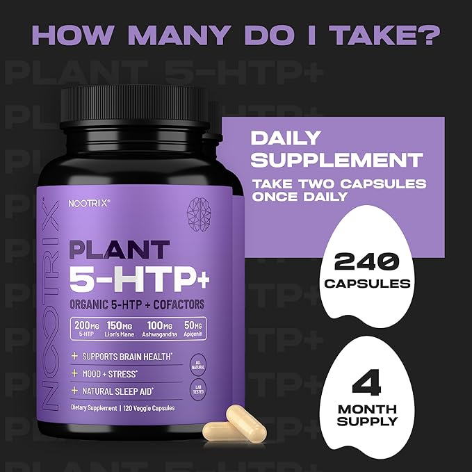 Nootrix Organic Plant 5 HTP+ Supplement | Supports Memory Mental Focus Cognitive Health &amp Energy | Promotes Healthy Mood &amp Brain Function | Vitamin B6 &amp L Theanine | 240 Capsules