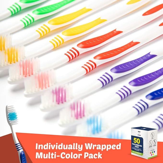 Bulk Toothbrushes 50 Pack | Individually Wrapped Travel Toothbrush Set for Adults &amp Kids | Made with a Medium-Soft Large Brush Head | BPA-Free &amp Disposable!