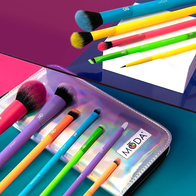 Moda Totally Electric 13pc Full Face Makeup Brush Set ? Bold Colorful Vegan Brushes for Face &amp Eye Makeup Blending Contouring and More