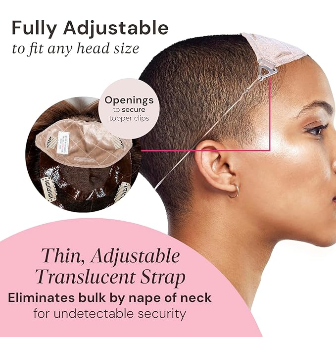 MILANO COLLECTION Glueless Top Grip for Hair Topper &amp Wiglets Adjustable Translucent Strap with Side Openings Top Headband for Your Wig or Topper Includes Clips Beige Small