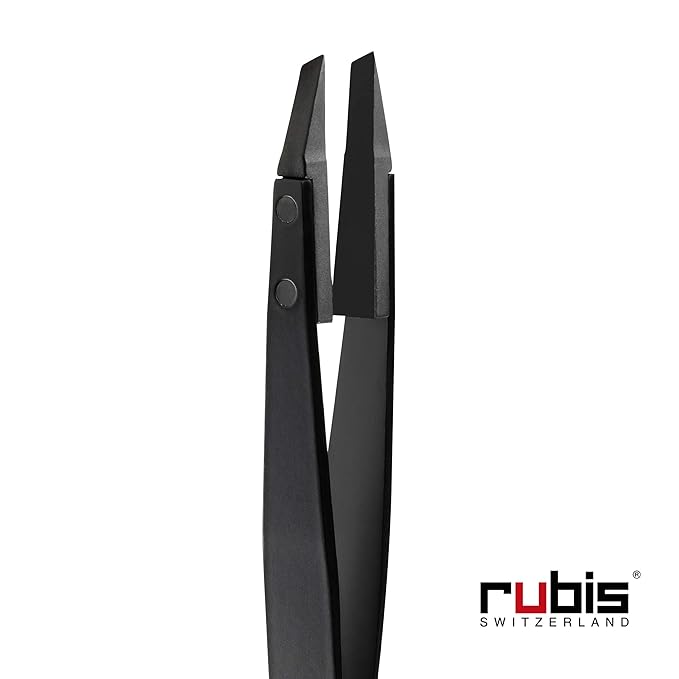 Rubis Classic Techno Stainless Steel Tweezers for Precise Eyebrows and Hair Removal Slanted Polymer Tips 1KS104 BlackRubis Switzerland Swiss Made World Renowned Precision