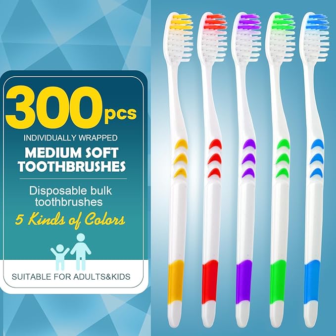 Navona 300 PCS Premium Individually Wrapped Bulk Toothbrush Pack Disposable Toothbrushes Kids Toothbrush Medium Soft Bristle Toothbrushes Ergonomics Handle Perfect for Travel Hotel Donation
