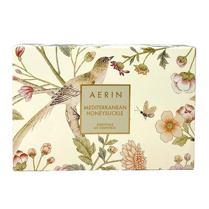 AERIN Mediterranean Honeysuckle Essentials Gift Set.- Eau de Parfum 1 fl oz / 30 ml Rose Lip Conditioner full-size and Canvas Cosmetic Bag