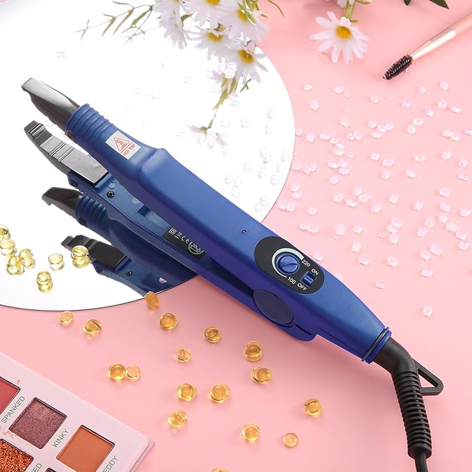 Hair Extensions Iron Fusion Keratin Hair Extensions Heat Tool Heat Connector Wand with Fusion Glue Protector Template Hair Clip Finger Protector 2 Bag Keratin Glue Granule Bead(Blue)