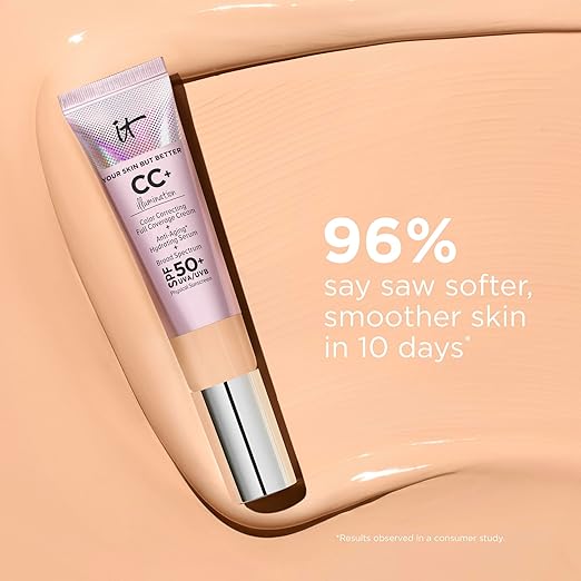IT Cosmetics CC+ Cream Illumination - Radiant Full Coverage Foundation With SPF 50+ Color Corrector &amp Hydrating Anti-Aging Serum Hydrolyzed Collagen + Peptides Normal to Dry Skin - 1.08 fl oz