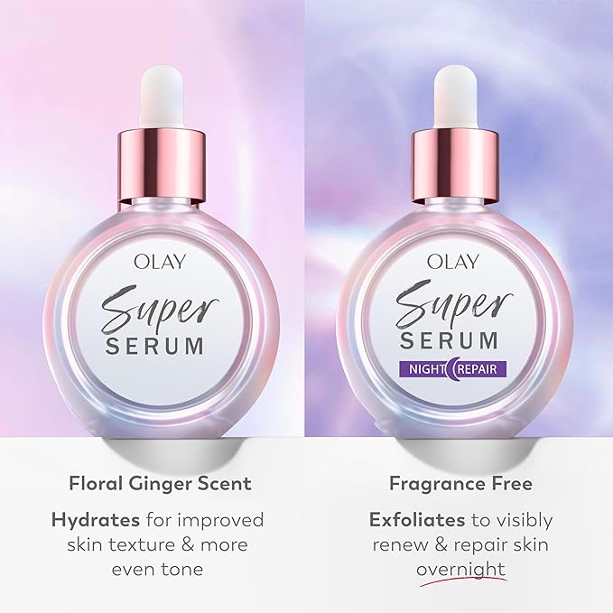 Olay Super Serum Night Repair Fragrance-Free - Niacinamide Peptide Salicylic &amp Lactic Acid Glycerin ?- 5-in-1 Skin Care Benefits - Hydrating Evens Tone Reduces Dark Spots Anti-Aging 1.0 Oz