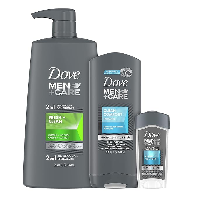 DOVE MEN + CARE Hair + Skin Care Regimen Personal Care for Men Clean Comfort + Fresh &amp Clean Body Wash 2-in-1 Shampoo and Conditioner and Antiperspirant Clinical Deodorant