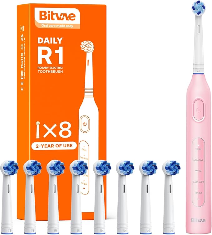 Bitvae R1 Rotating Electric Toothbrush with 8 Brush Heads for Adults and Kids 5 Modes Rechargeable Power Toothbrush 3 Hours Fast Charge for 60 Days Brushing Timer Pink