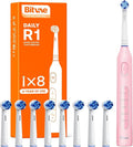Bitvae R1 Rotating Electric Toothbrush with 8 Brush Heads for Adults and Kids 5 Modes Rechargeable Power Toothbrush 3 Hours Fast Charge for 60 Days Brushing Timer Pink