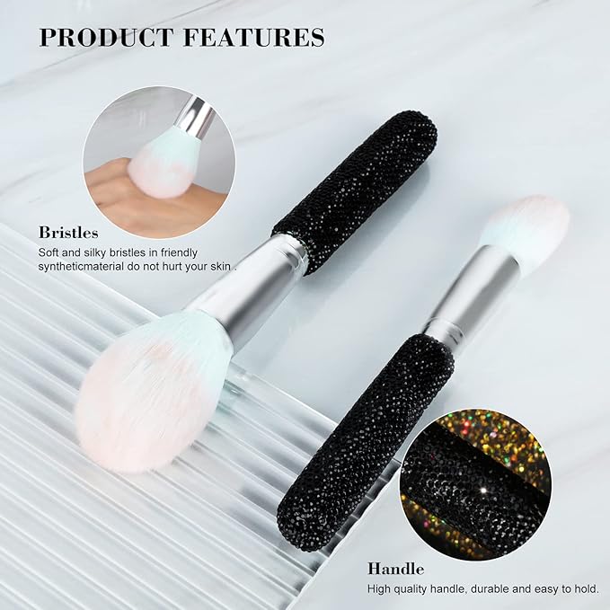 Makeup Brushes Bling Crystal Professional Face Cosmetics Blending Liquid Foundation Powder Concealer Eye Shadows Make Up Beauty Tool Glitter(12PCS) (Purely Handmade) (Black)