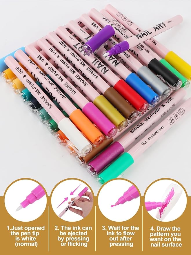 EBANKU 24 Colors Waterborne acrylic ink Nail Art Pens Set 0.7MM Nail Polish Pens Quick-Drying Acrylic Paint Pen Point Dotting Liner Pen Nail Drawing Painting Manicure Tools for 3D Salon Home Nail DIY