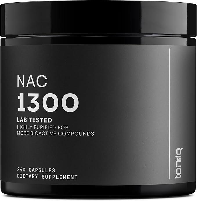 Toniiq 1300mg NAC - 4 Month Supply - Min. 98%+ Tested Purity - Ultra High Strength Bioavailable NAC Cysteine Supplement - 240 Vegetarian N Acetyl Cysteine Capsules -Lab Tested TQ