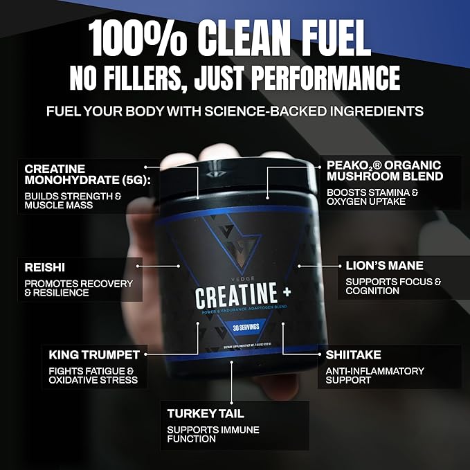 vedge Nutrition Creatine + | Vegan Plant-Based Creatine Monohydrate Powder | Energy Performance &amp Function | Ergogenic Aids for Athletes | Unflavored 30 Servings