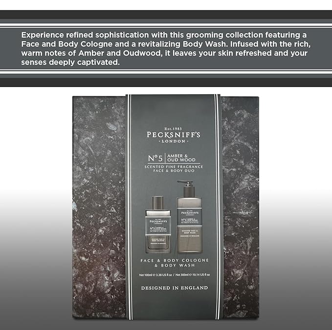Pecksniff's Face &amp Body Duo Amber &amp Oud Wood ? Men?™s Grooming Gift Set with 100ml Face &amp Body Cologne and 250ml Body Wash ? Luxury Fragrance Collection Made in England