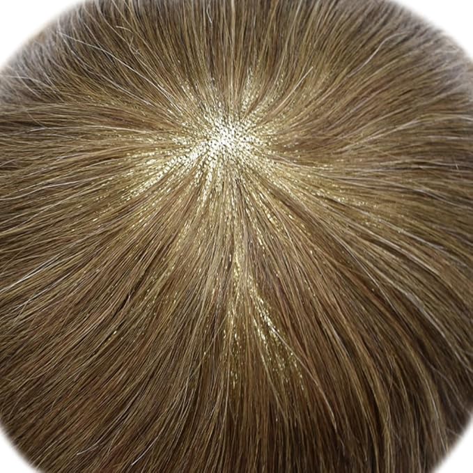 LYRICAL HAIR Toupee for Men Hair System Replacement Monofilament Mens Toupee Hairpiece Durable Poly Coated NPU Around Wig for Men Human Hair Piece Unit 120% Density 6X8 #410 Medium Brown+10% Gray