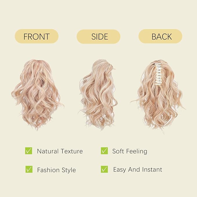 Claw Clip Ponytail Hair Extension / 10 Inch Synthetic Short Wavy Curly Fake Ponytails/Clip In On Pony Tail Hairpieces For Women (Brownish Blonde)