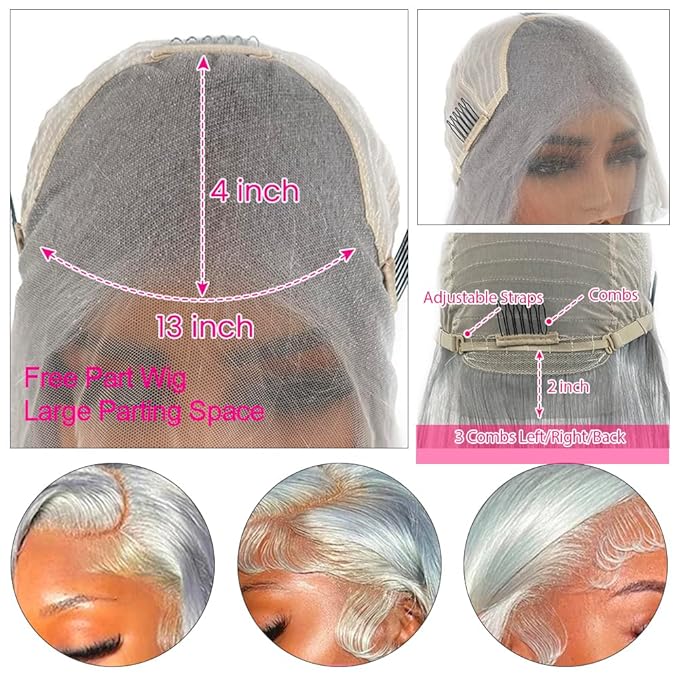 Grey Lace Front Wigs Human Hair 180% Density 13x4 HD Transparent Lace Frontal Wig Real Human Hair Pre Plucked Bleached Knots Gray Silver Color Brazilian Virgin Glueless Wigs for Black Women 20 Inch