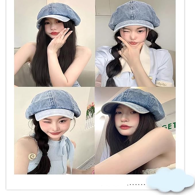 Women's Wig hat Wig Denim Beret Wig Straight Hair Baseball Cap Wig for Girl Christmas Halloween Daily Party Use Cool Brown 1