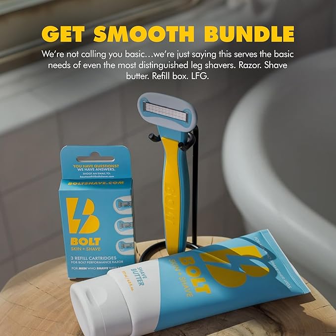 Get Smooth Bundle for Men - Shaving Kit for Legs Head Chest &amp Arms - Includes Razor Shave Butter and 3 Refill Cartridges
