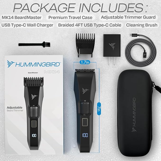 HUMMINGBIRD MK14 BeardMaster ? Premium Beard Trimmer for Men Precision Dial Adjustable 20 Length Settings Stainless Steel T-Blade Cordless USB-C Rechargeable Waterproof LED Display Travel Case