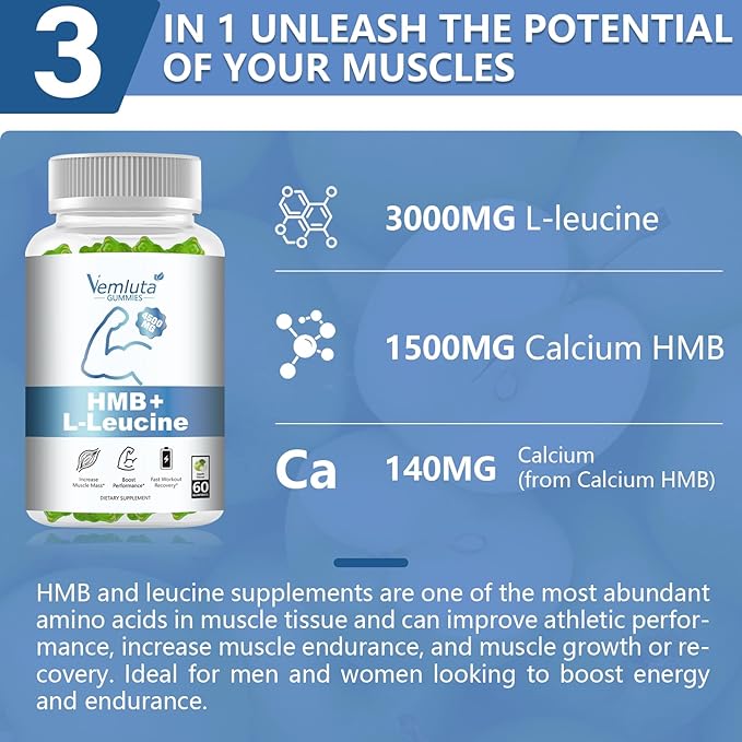2 Packs HMB and Leucine Supplements Gummies for Men Women - 4500MG HMB ï¼?Leucine for Muscle Recovery &amp Growth Support Non-GMO Gluten-Free Adults &amp Elder Apple Flavor 120 Counts