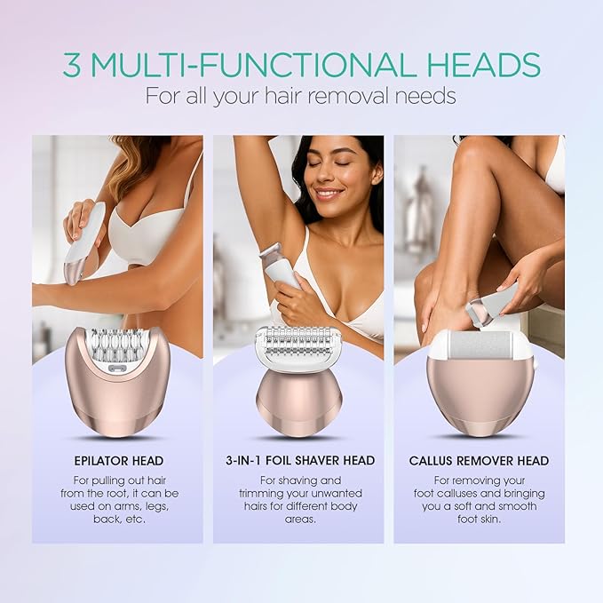 VOYOR Epilator for Women 3 in 1 Epilator Hair Removal for Women Epilators Hair Remover for Leg Arm with 30 Tweezers Rechargeable &amp Cordless Electric Lady Shaver &amp Trimmer BM300 (Champagne G
