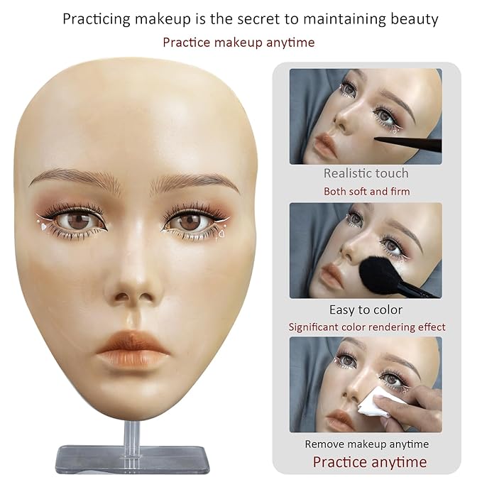 5D makeup Practice Face Board Silicone Makeup Mannequin Face Reusable Beginner Practice Eye Makeup Face Eye Fake Silicone Makeup Artist Full Face Practice Eyelash Eye Shadow Eyeliner Pen Simulatio