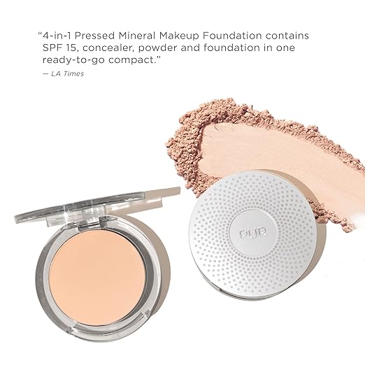 P?R MINERALS 4-in-1 Pressed Mineral Makeup Powder Foundation with SPF 15 - Concealer &amp Finishing Compact Pressed Powder for Face - Buildable Medium to Full Coverage Foundation Powder