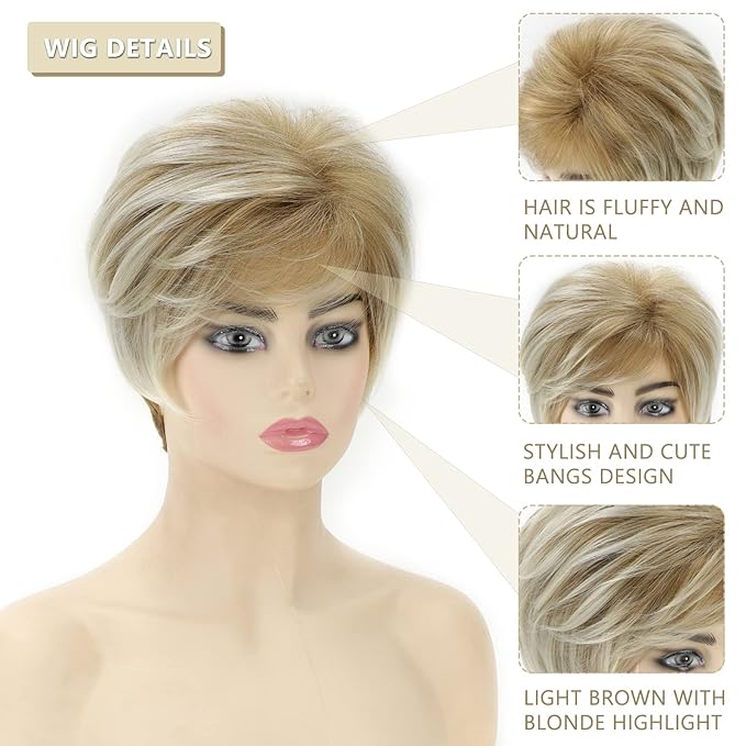 SEVENCOLORS Short Blonde Wigs for White Women Layered Mixed Blond Pixie Cut Wigs with Bangs Synthetic Short Hair Replacement Wigs