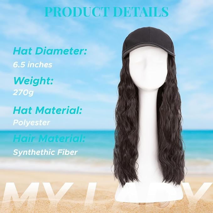 MY-LADY Hat Wig Hat with Hair Attached for Women Baseball Cap with Hair Extensions Adjustable Wavy Synthetic Hairpiece 16 Black Cap to 03