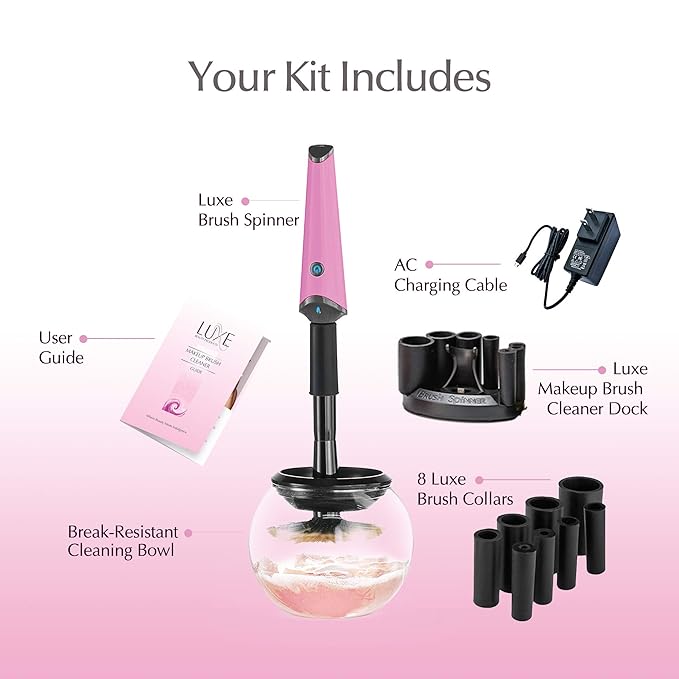 Luxe Electric Makeup Brush Cleaner Pink USB Charging Station 3 Adjustable Speeds Cleaner to Instantly Wash and Dry Your Makeup Brushes
