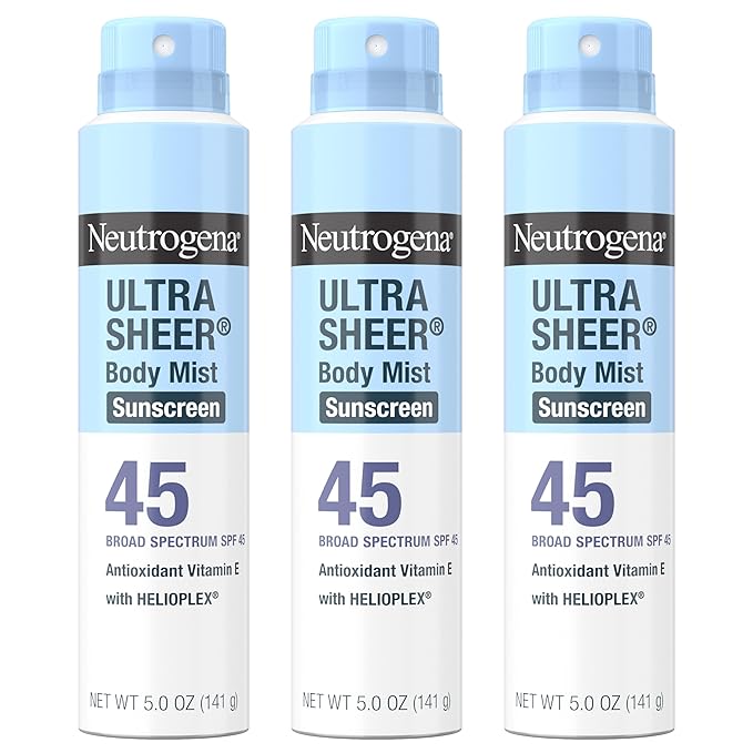 Neutrogena Ultra Sheer Body Mist Sunscreen Spray Broad Spectrum SPF 45 Lightweight Spray Sunscreen Non-Greasy &amp Water Resistant Oil-Free &amp Non-Comedogenic UVA/UVB 5 oz Pack of 3