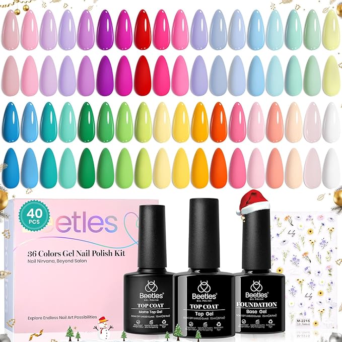 beetles Gel Nail Polish Set - 40 Pcs 36 Colors Nail Polish Kit Pink Red Green Blue Color Gel with Base&ampGlossy Matte Top Coat UV LED Petal Symphony Collection Nail Art Christmas Gifts for Women