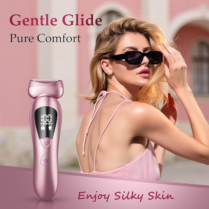 Electric Bikini Trimmer for Women: Rechargeable Painless Shaver for Body Hair - IPX7 Waterproof Cordless Razor with LED Display for Face/Leg Light Pink