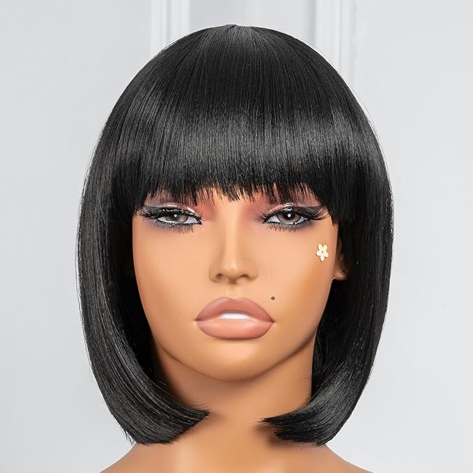 Black Human Hair Bob Wigs with Bangs Light Yaki Straight Shoulder Length Heat Resistant for Black Women Daily Cosplay (Black10 Inch)