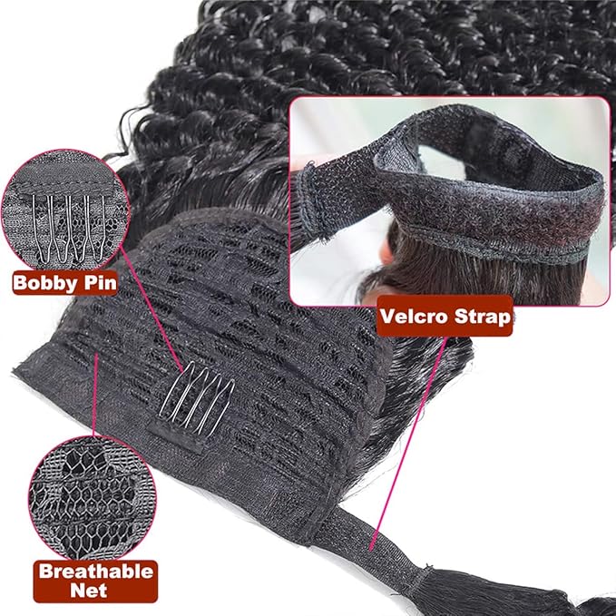 Curly Human Hair Strap Ponytail Extensions 100% Unprocessed Brazilian Hair Wrap Around Ponytails Magic Paste with Comb Clip in Kinky Curly Pony Tail (28 Curly Hair)