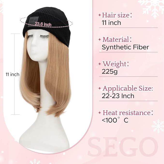 SEGO Beanie Wig for Women Hat with Hair Extentions Synthetic 11 Inch Straight Hairpiece Winter Warm Knitted Hat with Hair Attached for Women Girls 018