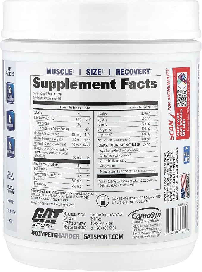 GAT SPORT JetMass Fact-Acting Volumizing Creatine System 30 Servings (Strawberry Lemonade)