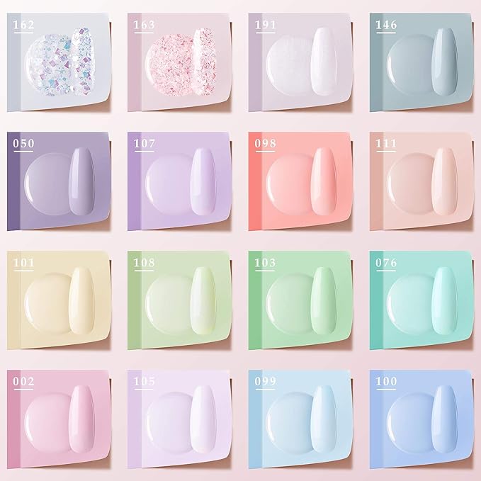 Gellen 16 Colors Gel Nail Polish Kit with Top Base Coat - Fresh Macaron Girly Colors Collection Popular Bright Nail Art Solid Sparkle Glitters Colors Home Gel Manicure Set